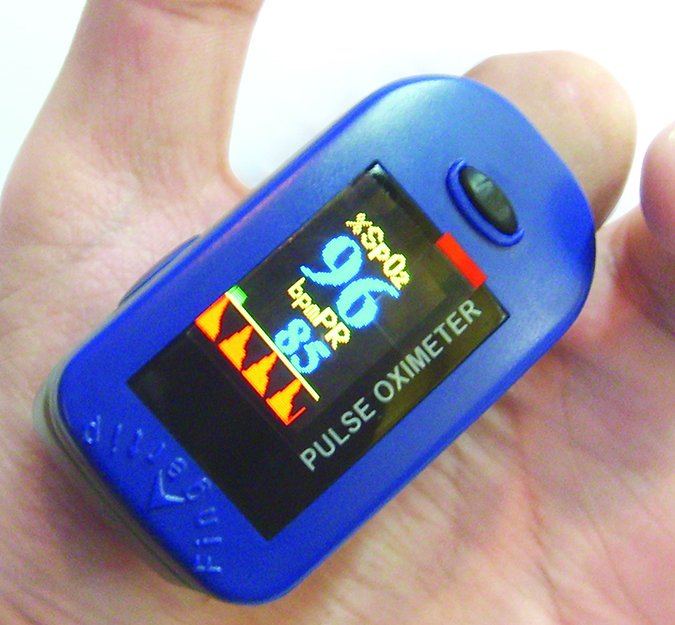 pulse oximeter registering 96 percent blood oxygen saturation