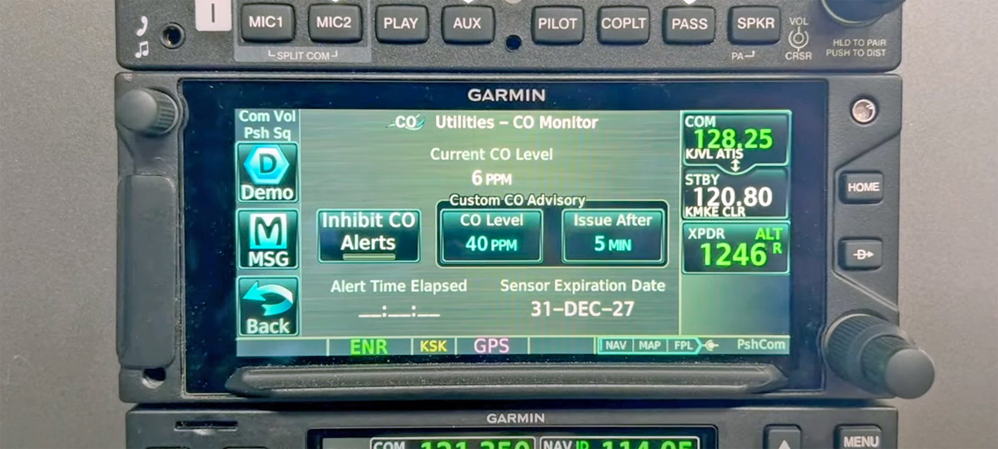 CO Detector display: The GCO 14’s real-time data is located in the Utilities menu on the GTN-series GPS