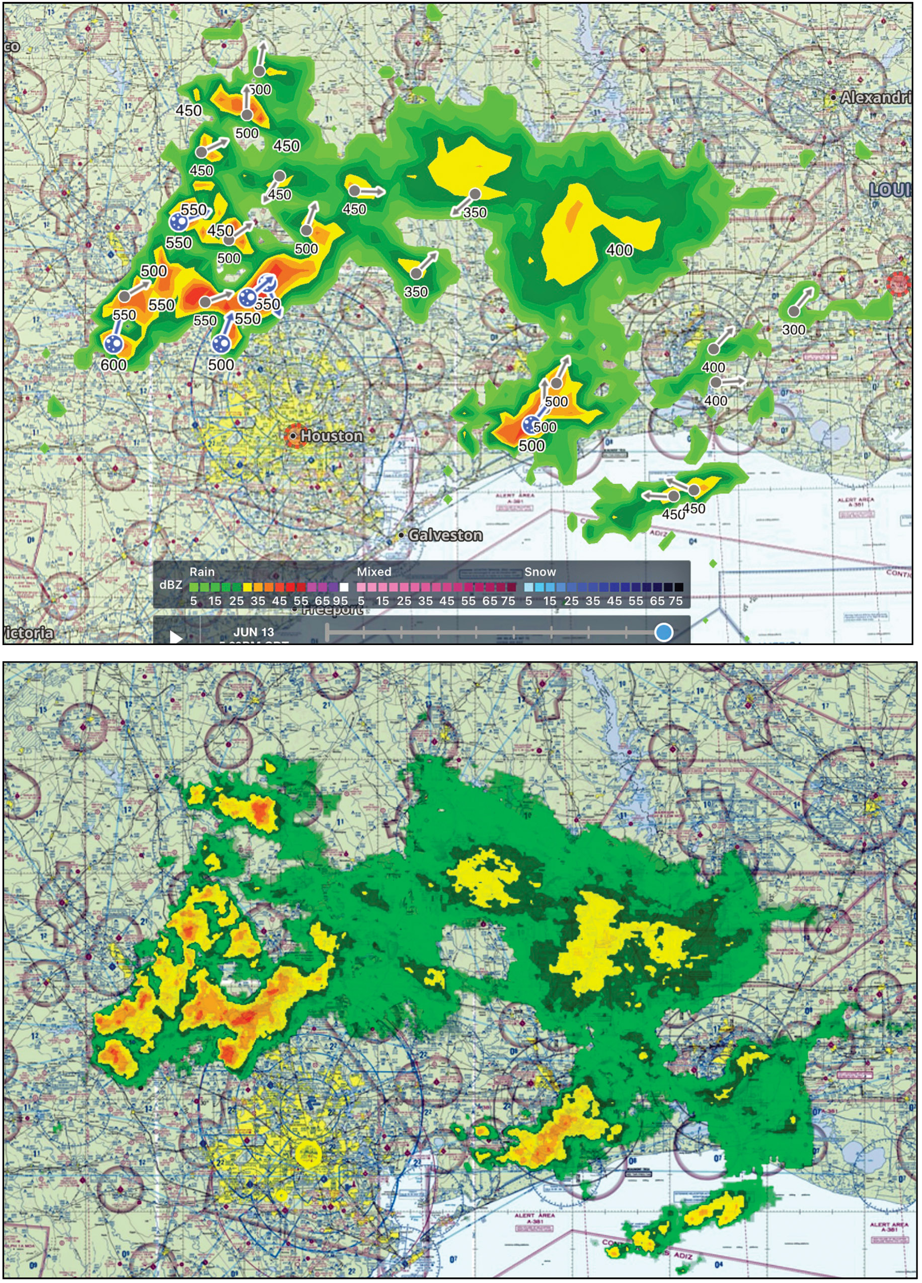 That’s ForeFlight’s Wi-Fi weather radar depiction, top, compared to Garmin Pilot’s, bottom.